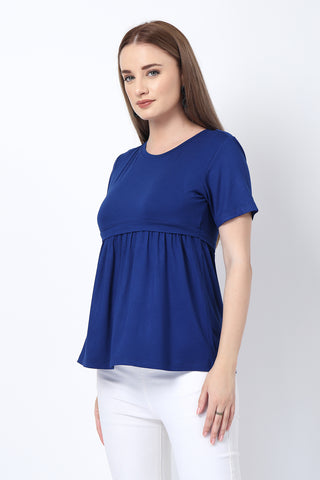Smooth back view of blue Maternity Tops showing silhouette for comfort.