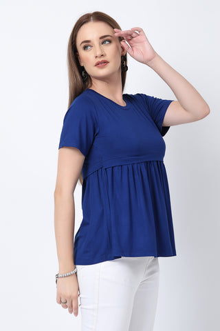 Interior view of Royal Blue Maternity Zipless Feeding Gathered Top showing Zipless.