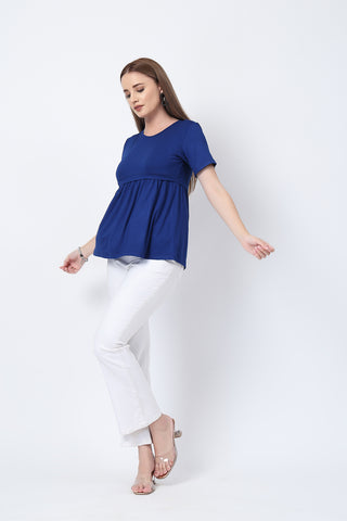 Side or angle view of Royal Blue Maternity Zipless Feeding Gathered Top showing the Maternity Tops silhouette and fit.