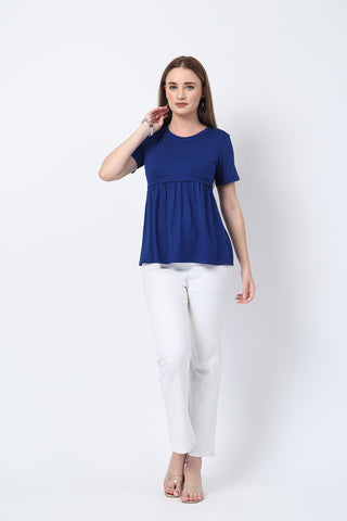 Close-up texture of Royal Blue Maternity Zipless Feeding Gathered Top in blue, showing the soft Viscose fabric.
