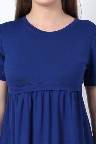 Styling detail of Royal Blue Maternity Zipless Feeding Gathered Top, highlighting blue print and Maternity Tops design.