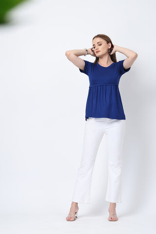 Royal Blue Maternity Zipless Feeding Gathered Top shown from alternate angle, highlighting comfort for all-day wear.