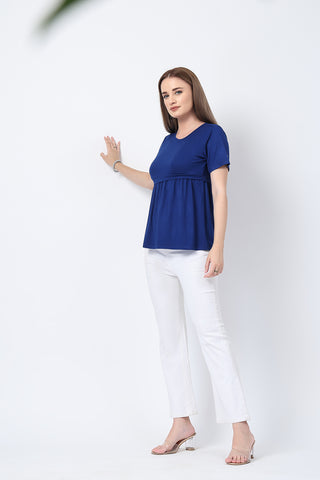 Side or angle view of Royal Blue Maternity Zipless Feeding Gathered Top showing the Maternity Tops silhouette and fit.