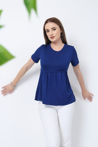 Styling detail of Royal Blue Maternity Zipless Feeding Gathered Top, highlighting blue print and Maternity Tops design.