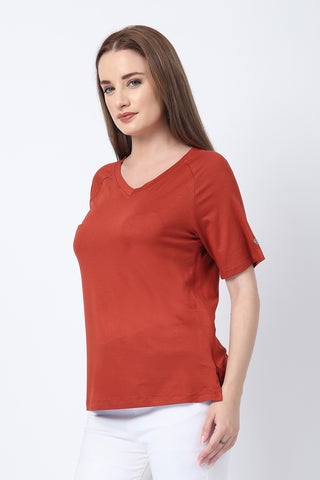 Interior view of Rust Solid Nursing Top with Side Zip Access showing Long Zip.