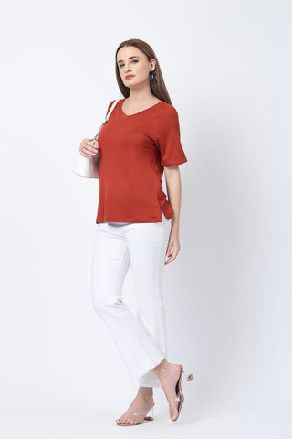 Close-up texture of Rust Solid Nursing Top with Side Zip Access in rust, showing the soft Viscose fabric.