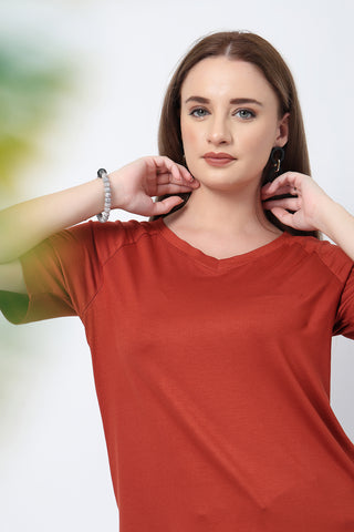 Rust Solid Nursing Top with Side Zip Access shown from alternate angle, highlighting comfort for all-day wear.
