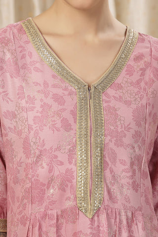 Close-up of the Elegant A-Line Kurta-Pant pattern and soft Rayon fabric texture.