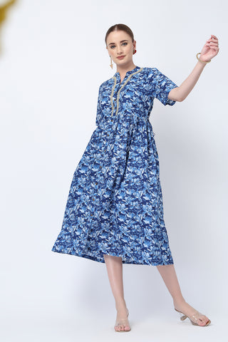 Back View of Mehr – The Festive Zipless Feeding Lapel Dress- Indigo Blue - Flattering Silhouette for Pregnancy