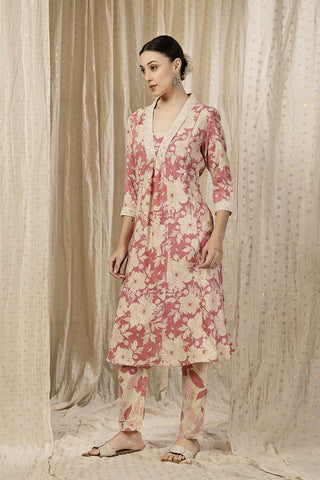 Model action shot of the Embroidered Zip Kurta-Pant Kurta Set, demonstrating ease of movement and fit.