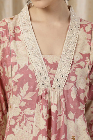 Close-up of the Embroidered Zip Kurta-Pant pattern and soft Rayon fabric texture.