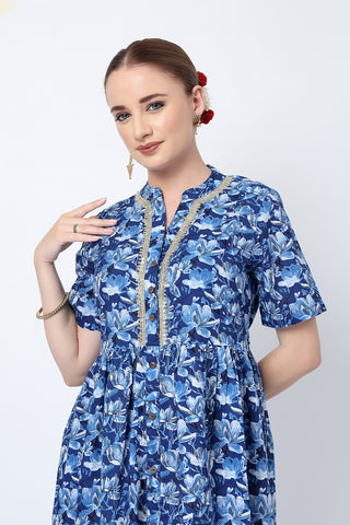 Stylish Blue Maternity Wear - Mehr – The Festive Zipless Feeding Lapel Dress- Indigo Blue for New Moms