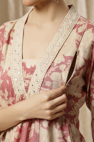 Full-length shot of model wearing the Embroidered Zip Kurta-Pant Kurta Set. Emphasizes the comfortable Relaxed Maternity.