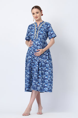 Mehr – The Festive Zipless Feeding Lapel Dress- Indigo Blue Front View - Blue Cotton Maternity Dress with Feeding Zips