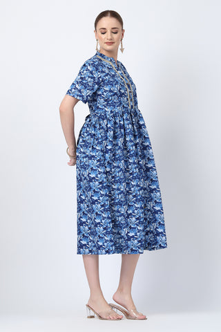 Elegant Blue Look of Mehr – The Festive Zipless Feeding Lapel Dress- Indigo Blue - Perfect for Any Occasion