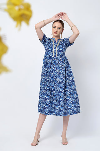 Practical Cotton Feeding Dress with Pockets - Mehr – The Festive Zipless Feeding Lapel Dress- Indigo Blue