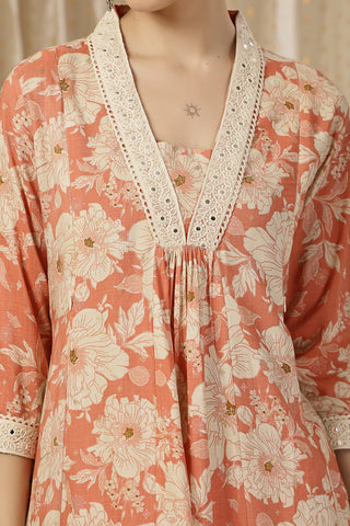Close-up of the Embroidered Zip Kurta-Pant pattern and soft Rayon fabric texture.