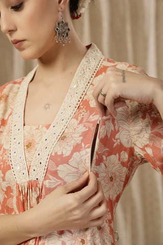 Full-length shot of model wearing the Embroidered Zip Kurta-Pant Kurta Set. Emphasizes the comfortable Relaxed Maternity.