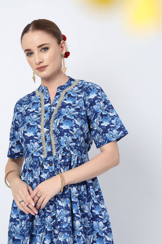 Studio Shot of Mehr – The Festive Zipless Feeding Lapel Dress- Indigo Blue showing Cotton Design Quality