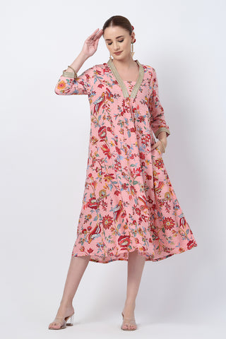 Floral Rayon Midi Dress with Feeding Zip and Pockets Front View - Dusty Pink Rayon Maternity Dress with Feeding Zips