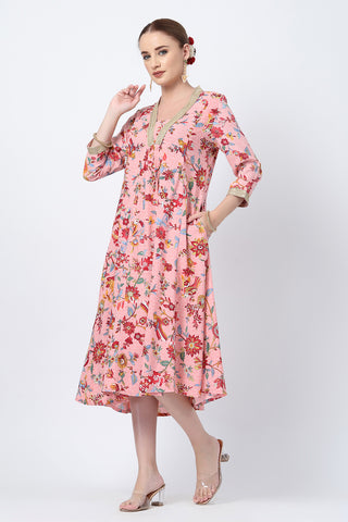 Stylish Dusty Pink Maternity Wear - Floral Rayon Midi Dress with Feeding Zip and Pockets for New Moms