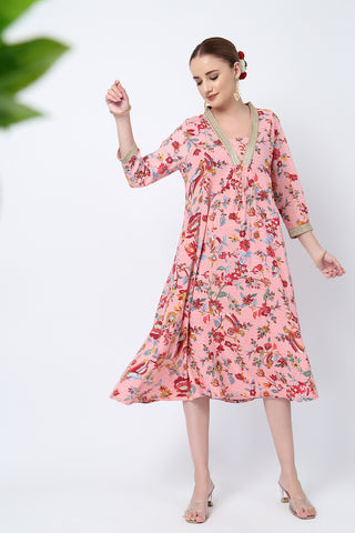 Soft Rayon Texture of Floral Rayon Midi Dress with Feeding Zip and Pockets - Breathable & Comfy