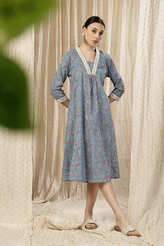 Elegant Teal Blue Look of Floral Rayon Midi Dress with Feeding Zip and Pockets - Perfect for Any Occasion