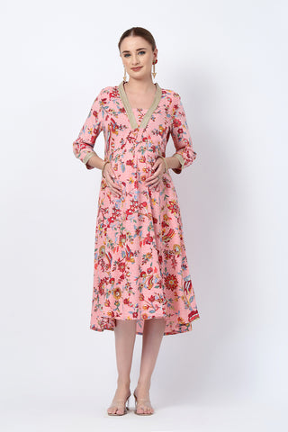Elegant Dusty Pink Look of Floral Rayon Midi Dress with Feeding Zip and Pockets - Perfect for Any Occasion