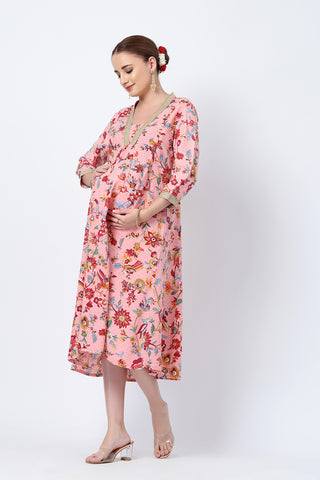 Back View of Floral Rayon Midi Dress with Feeding Zip and Pockets - Flattering Silhouette for Pregnancy