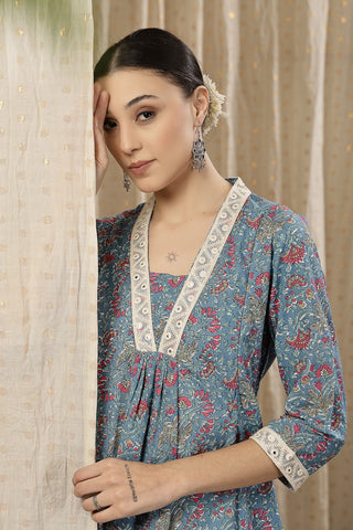 Stylish Teal Blue Maternity Wear - Floral Rayon Midi Dress with Feeding Zip and Pockets for New Moms