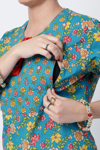 Full-length shot of model wearing the Floral Ed Zip Kurta Set. Emphasizes the comfortable Relaxed Maternity.