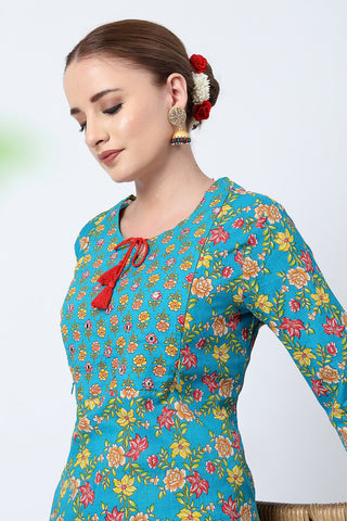 High-quality image of the Cotton texture and finish of the Floral Ed Zip Kurta Set.