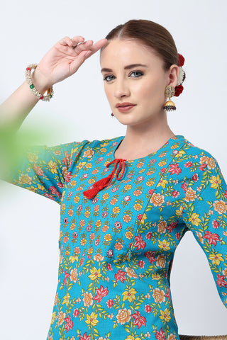 High-quality image of the Cotton texture and finish of the Floral Ed Zip Kurta Set.