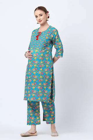High-quality image of the Cotton texture and finish of the Floral Ed Zip Kurta Set.