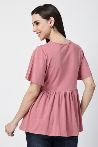 Close-up of pink Maternity Tops showing Long Zip for easy nursing access.