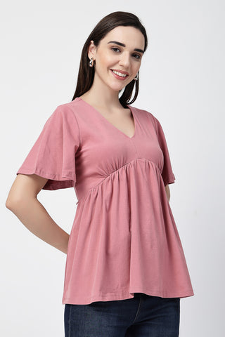 New mom wearing pink Maternity Tops; shows flattering post-delivery fit and Long Zip.