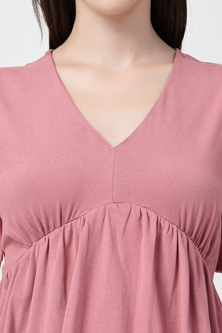 Interior view of V-Neck Cotton Maternity Nursing Top - Deep Salmon showing Long Zip.