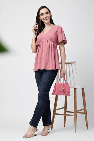 Side or angle view of V-Neck Cotton Maternity Nursing Top - Deep Salmon showing the Maternity Tops silhouette and fit.