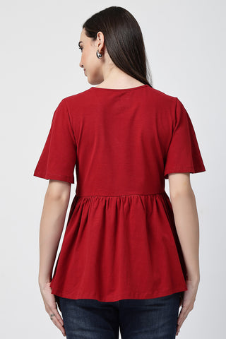 Close-up of red Maternity Tops showing Long Zip for easy nursing access.