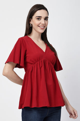 Interior view of V-Neck Cotton Maternity Nursing Top - Red showing Long Zip.