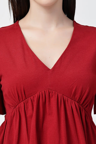 New mom wearing red Maternity Tops; shows flattering post-delivery fit and Long Zip.