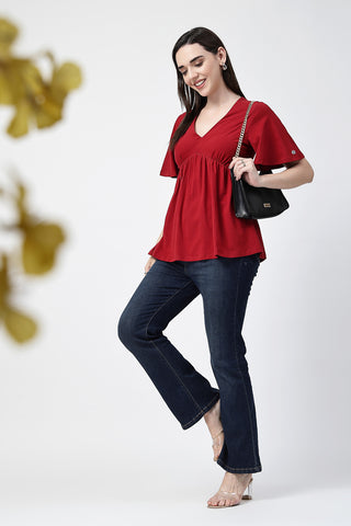 Close-up texture of V-Neck Cotton Maternity Nursing Top - Red in red, showing the soft Cotton fabric.