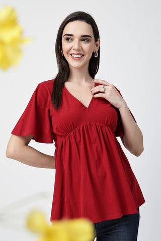 Styling detail of V-Neck Cotton Maternity Nursing Top - Red, highlighting red print and Maternity Tops design.