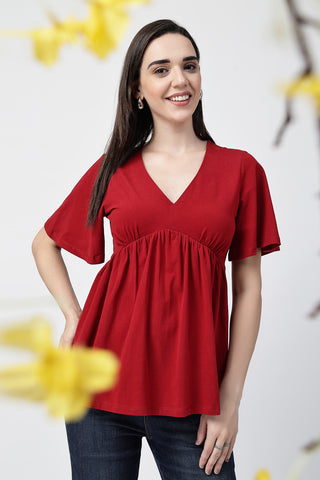 V-Neck Cotton Maternity Nursing Top - Red shown from alternate angle, highlighting comfort for all-day wear.