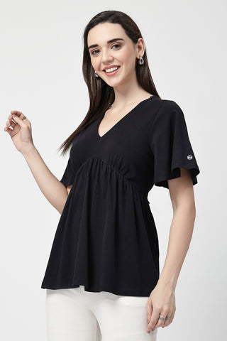 Styling detail of V-Neck Cotton Maternity Nursing Top - Black, highlighting black print and Maternity Tops design.