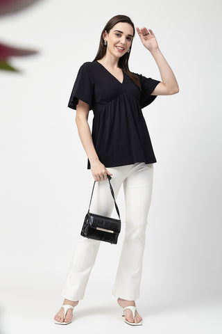 Side or angle view of V-Neck Cotton Maternity Nursing Top - Black showing the Maternity Tops silhouette and fit.