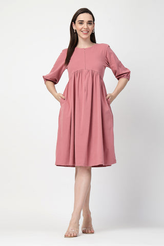 Back View of Maternity & Nursing Knee-Length Cotton Dress with Pocket - Flattering Silhouette for Pregnancy