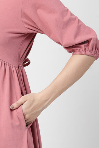 Stylish Deep Salmon Maternity Wear - Maternity & Nursing Knee-Length Cotton Dress with Pocket for New Moms