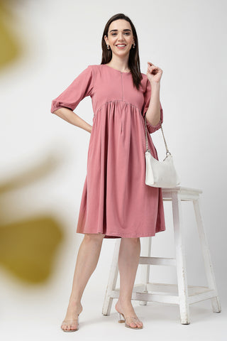 Soft Cotton Texture of Maternity & Nursing Knee-Length Cotton Dress with Pocket - Breathable & Comfy