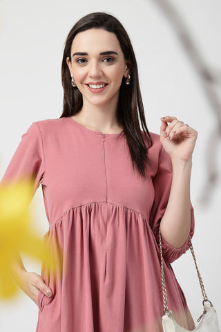 Elegant Deep Salmon Look of Maternity & Nursing Knee-Length Cotton Dress with Pocket - Perfect for Any Occasion